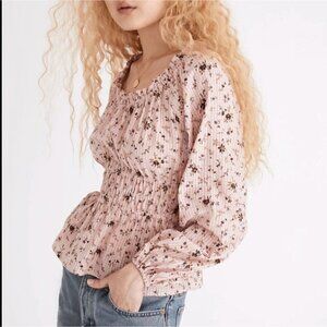 Madewell Sophia Bouquet Pink Floral Print Smocked Waist Long Sleeve Top M